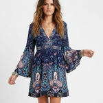 Flying Tomato NWT Dress Womens M Blue Boho Floral Bell Sleeve V-Neck Hippie 70s Photo 0