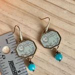 🌟 London (Greenwich Meridian) Map Drop Earrings w/ Turquoise Beads Gold Photo 6