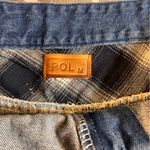 POL Blue Denim Mini Skirt distressed w lined plaid patches casual denim summer Photo 3