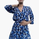 ZARA  Blue Black White Geometric V Neck Long Sleeve Mini Shift Shirt Dress Size M Photo 0
