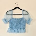 STAUD  Cannon Top French Blue Crinkle Organza Puff Sleeve Cropped Photo 3