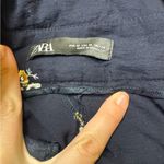 ZARA  navy paper bag style belted trousers with embroidered flowers in Medium Photo 5