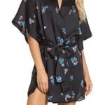 Natori NWT New Designer Short Wrap Robe Womens L Silky Satin Flowers Black Lace Photo 0
