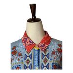 John Mark  Shirt Women Large Blue Embroidered Floral Aztec Button Up Boho Cottage Photo 3