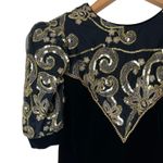 Jessica McClintock Vintage Black Velvet Gold Sequin Puffy Half Sleeves Dress Photo 1