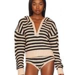 For Love & Lemons Elyse Cream Black Striped Knit Long Sleeve Half Zip Hoodie M Photo 0