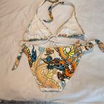 Winki Dragon Print Bikini Triangle Halter Top Side Tie Bottoms Size Small Orange Photo 6