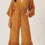 Anthropologie Easel  boho yellow floral‎ wide leg jumpsuit size small vacation Photo 0