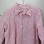 LL Bean Pink Stripe 3/4 Sleeve Button Up Cotton Seersucker Shirt Size MEDIUM Photo 2