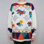 Vintage 80s Brandon Orange & Teal Floral Embroidered Sweater Size L Photo 0