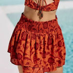 Anthropologie Beaded Mini Skirt Size Medium Orange Motif Smocked Floral Vacation Photo 0