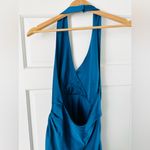 ASOS  Design Blue Teal Satin Halter Neck Maxi Dress Gown Slit Ruching Size 4 Photo 5