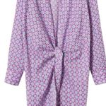 Mango Poplin Cotton Geometric Print Long Shirt Purple Pink tie front Sz US 14 Photo 1