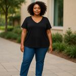 Lane Bryant Womens Top Sz 14 16 Black V Neck Solid Short Sleeve Knit NEW Photo 1