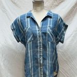 Thread and Supply  Plaid Chambray Short Sleeve Button Up Blouse Size S Photo 0