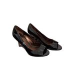 Anne Klein AK  Black Patent Leather Peep-Toe Wedges Leopard Print Heel Size 9.5M Photo 1