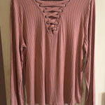 SO  Women's Blush Color Lace-Up  Ribbed Long Sleeve Top Photo 0