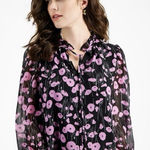Bar III  Women's XXS Black & Pink Orchid Floral Chiffon 3/4 Sleeve Tie Neck Top Photo 0