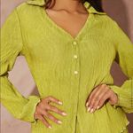 Button Front Lettuce Trim Top & Wide Leg Pants Set Green Size M Photo 3