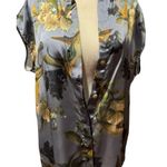 Elie Tahari  Womens Floral Satin Top Party Blouse Size S Gray Blue Short Sleeve Photo 5