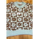 SO  Fuzzy Cropped Flower Print Sweater Aqua Brown M Photo 3