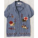 Vintage Bobbie Brooks Embroidered Patchwork Floral Stitched Button Top sz M Boho Blue Size M Photo 1