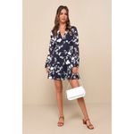 Lulus Mini Dress Women's Large Navy Blue White Embroidered Long Sleeve V-Neck Photo 10