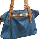 Mystique Boutique Blue Satchel Bag With Brown Leather Accents Shoulder Handbag Purse Photo 5