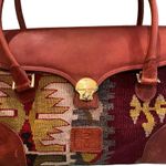 Vintage EM MAY Kilim and brown leather satchel shoulder bag. Photo 2