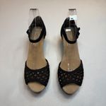 Toms  NEW Black Suede Woven Wedge Sandals Womens  7.5W Cork Platform Ankle Strap Photo 1
