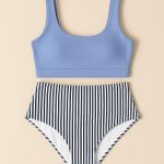 Striped Blue Tankini Bikini Set NWOT Size M Photo 0