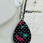 Handmade Cherries, Polka Dots, Black Teardrop Dangle Pierced Earrings Photo 1
