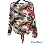 Guess  small high low tie front blouse v neck long sleeve button front floral Photo 1