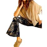 Free People Inferno Stretch Denim Metallic Abstract Floral Raw Hem Flare Jeans Photo 1