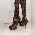 VTG Y2K Leopard Bakers Platform Boots Thigh High Stiletto Bejeweled Pleaser Brown Size 6.5 Photo 4