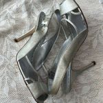 BCBGirls  Silver Crackle Patent Leather Rhinestone Buckle Peep Toe Pumps Size 9.5 Photo 1