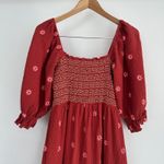 Floral Embroidered Smocked Nap Dress S/M Rust Smocked Gauze Puff Sleeve Cottage Orange Photo 1