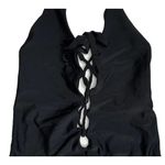 Aerie  Solid Black Lace Up Front Plunge One Piece Halter Swimsuit Maillot Size M Photo 2