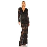 Alexis  Lucasta Women's L 8/10 Black Lace Ruched Ruffle Trim Maxi Evening Formal Photo 1