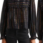 Farm Rio  Metallic Stripe Ruffle Shirt Blouse Women's Small Black Top Boho NWOT Photo 0