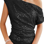 Grace Karin NWT  Black Sequin One Shoulder Evening Party Blouse Overlay Top  XL Photo 0
