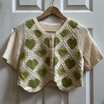 Crochet Knit Button Closure Short Sleeve Sweeter Top Size Small Boho Green Photo 5