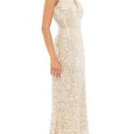 Mac Duggal Sequined Sleeveless V Neck Column Gown in Nude Gold Size US 2 Photo 10