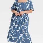 A New Day Tie Dye Print Blue Square Neck Short Flutter Sleeves Midi Dress Sz XXL Photo 0