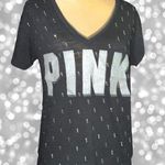 PINK - Victoria's Secret Pink brand black vneck T-shirt with silver logo front! Photo 0