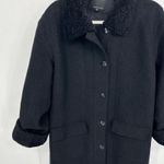 Hilary Radley Black Boiled 100% Wool Shearling Trim Lined Long Coat, Size 8, EUC Photo 5
