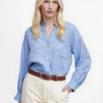 Madewell Shirred Button Up Linen Shirt Women’s Sz Small Sunfaded Blue Top NWT Photo 0