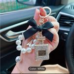 Elegant Beaded Pearls & Rhinestone Perfume Bottle Keychain with Bow, Alloy Metal Pink Photo 8