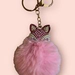 Rhinestone Pink Cat Pompom Key Ring Purse Charm Photo 1