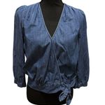 Madewell Denim Wrap Top 70s Retro Style Crop 3/4 Sleeve V-Neck Mid Blue Small Photo 0